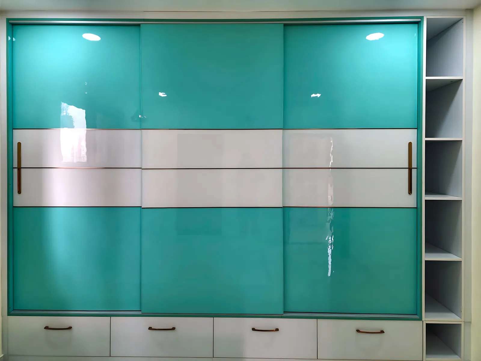 Aqua and white glossy sliding wardrobe